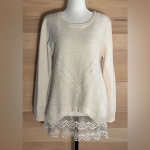 Chic Cream Sweater with Lace Detail size medium Evidence faux pearls dressy